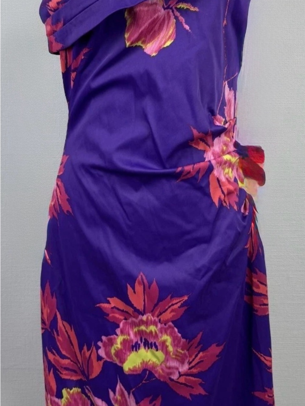 Karen Millen Violet One-Shoulder Dress with Pink and Yellow Floral Print